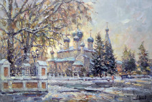 О.Ю. Ладыгин. Церковь Ильи Пророка. Зима. 2025. Холст, масло. 60х100.