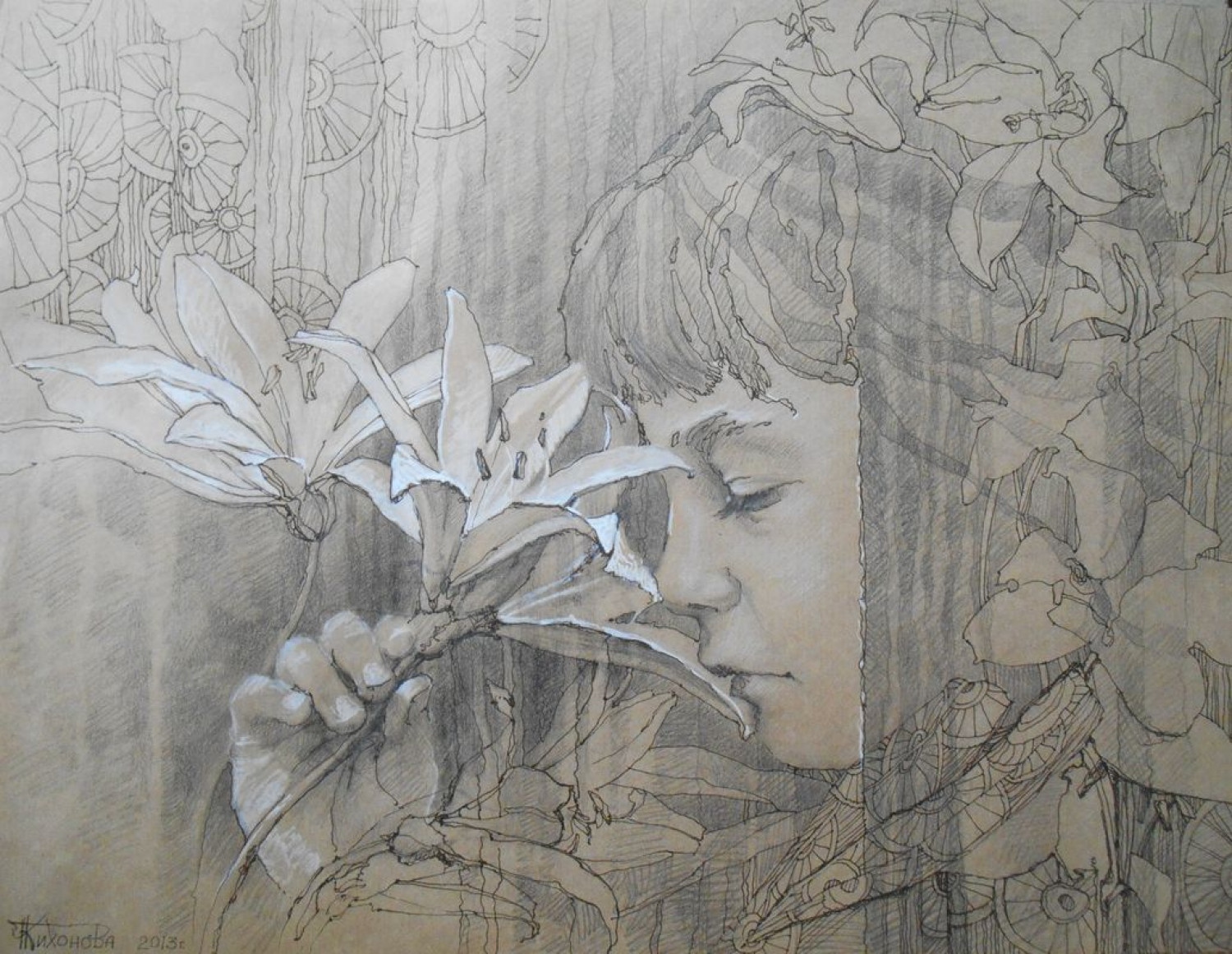 К.Ю.Тихонова. Лилейный аромат. 2013. 33х43 см. бумага, карандаш.