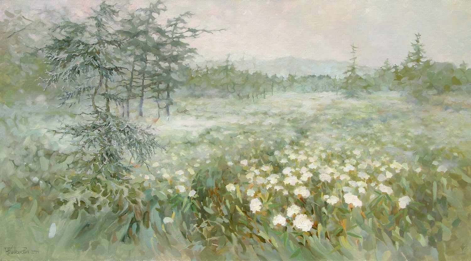 К.Ю.Тихонова. Марь утром туманным. Багульника цветение. 2014. 50х90 см. холст, масло.