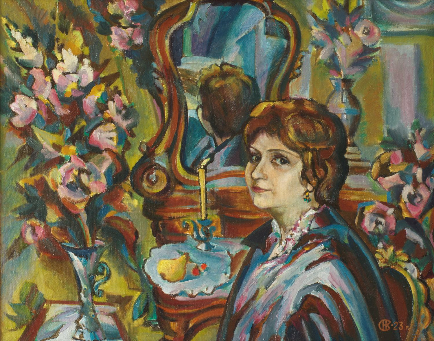 Н.К. Сальников.  У зеркала. 2023 г. Холст, масло. 82х66 см.