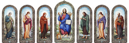 Л.Д.Самонова. Деисусный чин. 2005 г.. Финифть, серебро, зернь, скань.