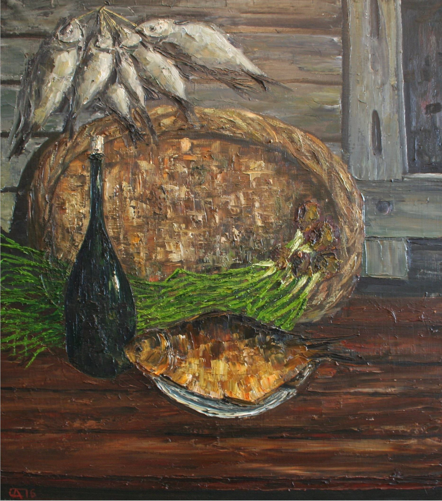 А.Ю.Семенцов. Натюрморт с лещом и зелёным луком. Холст, масло, 90*80, 2016 г.